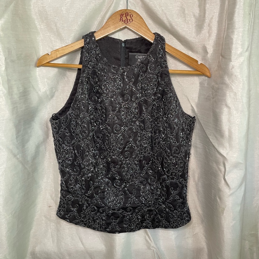 VTG 90’s Designer Black Lace Beaded Paisley Pattern Dressy Tank Top Blouse